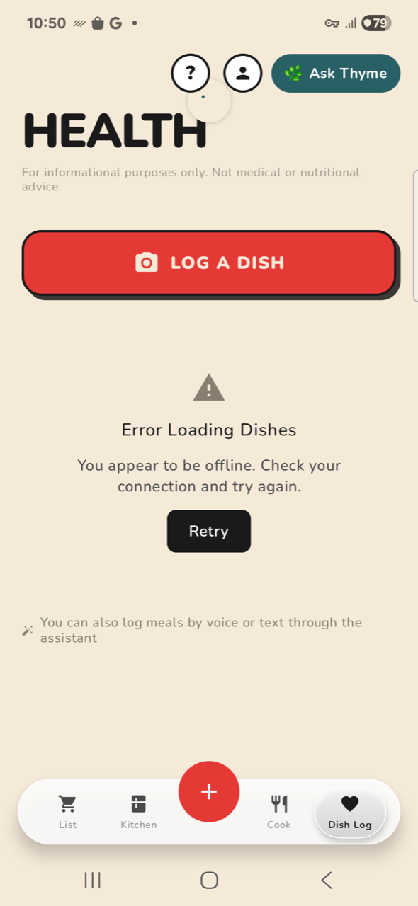 Dish Log — offline (KNOWN DEFECT)