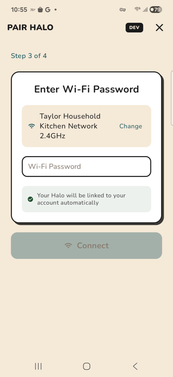 Halo — Step 3b, credentials (long SSID)