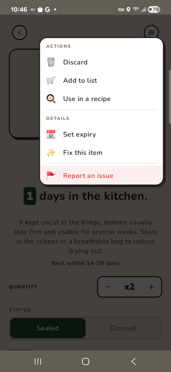 Kitchen — item Actions menu